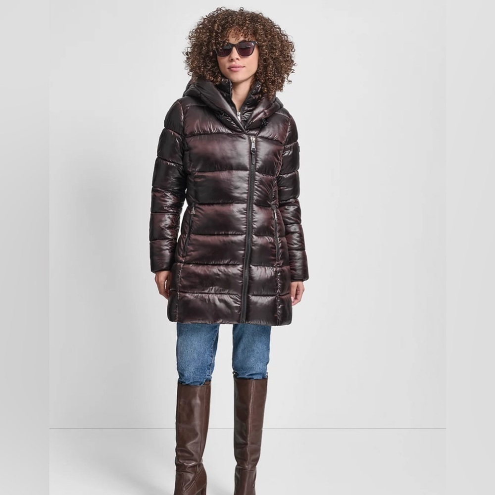 ❄️ DKNY Metallic burgundy Black Cherry 🍒 Bib Packable Shiny Bomber Jacket Coat - Picture 3 of 7